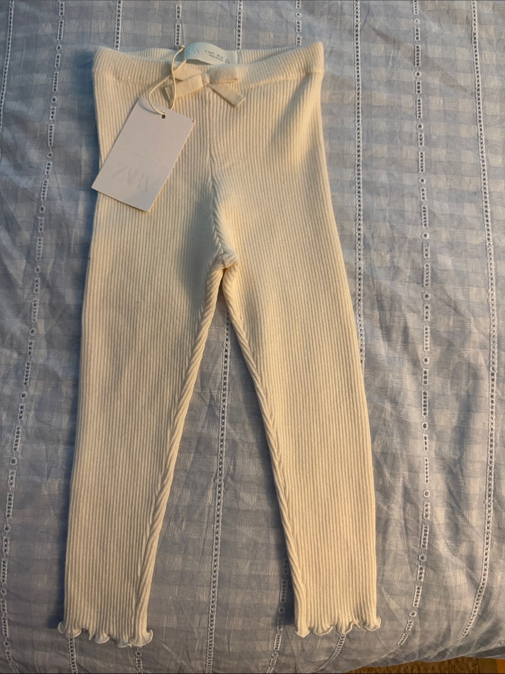 Zara Cream Ribbed Leggings with Waist Bow